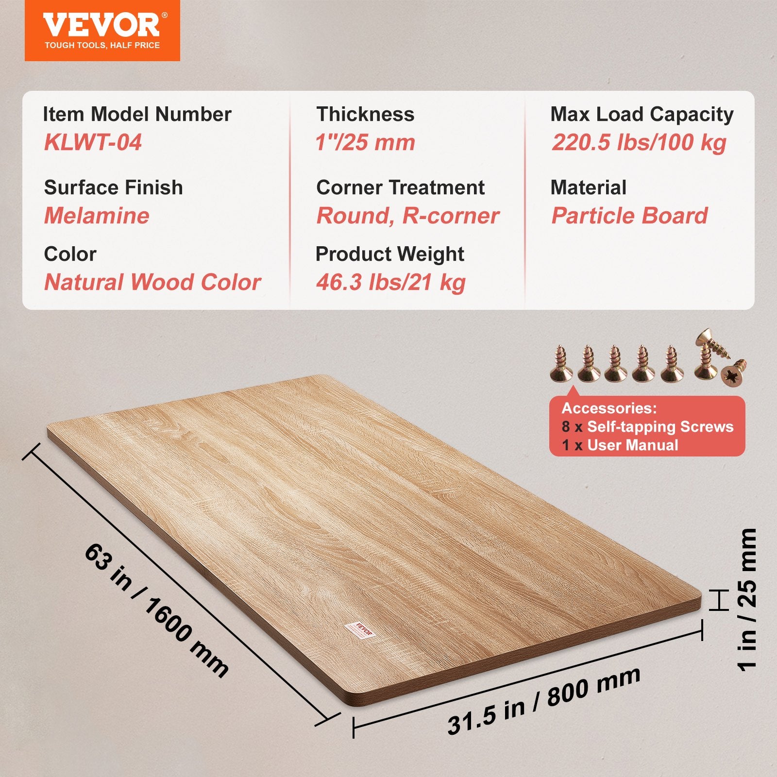 VEVOR Table Top, 63" x 31.5" x 1", 220.5 lbs Load Capacity, Universal One-Piece Particle Board Desktop for Height Adjustable Electric Standing Desk Frame, Rectangular Countertop for Home & Office Desk