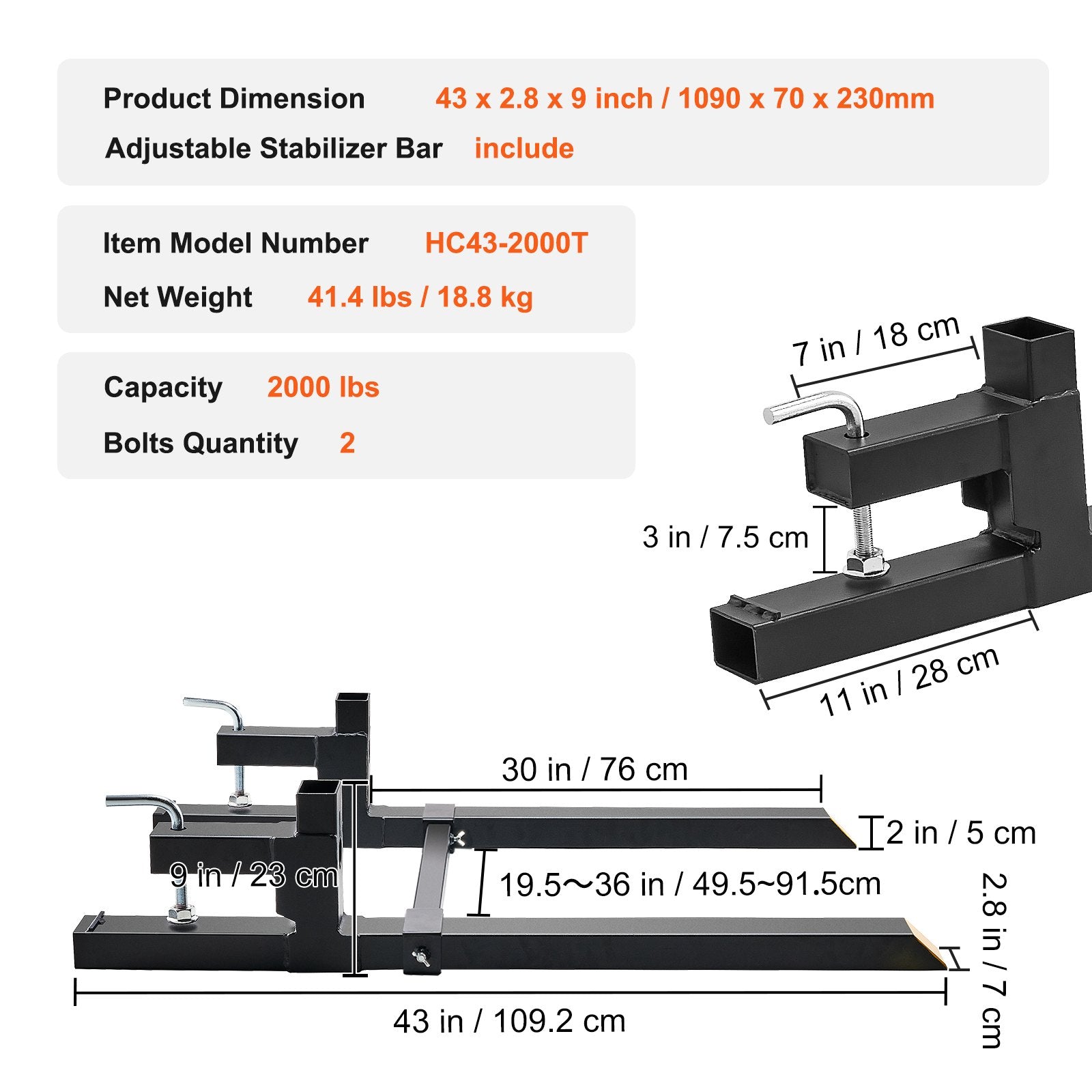 VEVOR Pallet Forks, 907 kg Clamp on Pallet Forks, 1090 mm Total Length Tractor Bucket Forks with Adjustable Stabilizer bar, Heavy Duty Pallet Forks for Tractor Attachments, Skid Steer, Loader Bucket