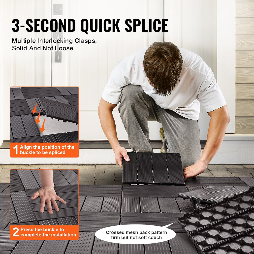 VEVOR Interlocking Deck Tiles, 10 Pack,12"x12" 10 sq. ft Plastic Waterproof Outdoor Flooring All Weather Use, Patio Floor Decking Covering Tiles for Porch Poolside Balcony Backyard, Dark Brown