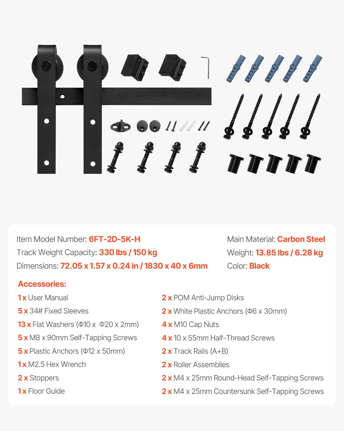 VEVOR 1830 mm Sliding Barn Door Hardware Kit for Single Sliding Barn Door Black