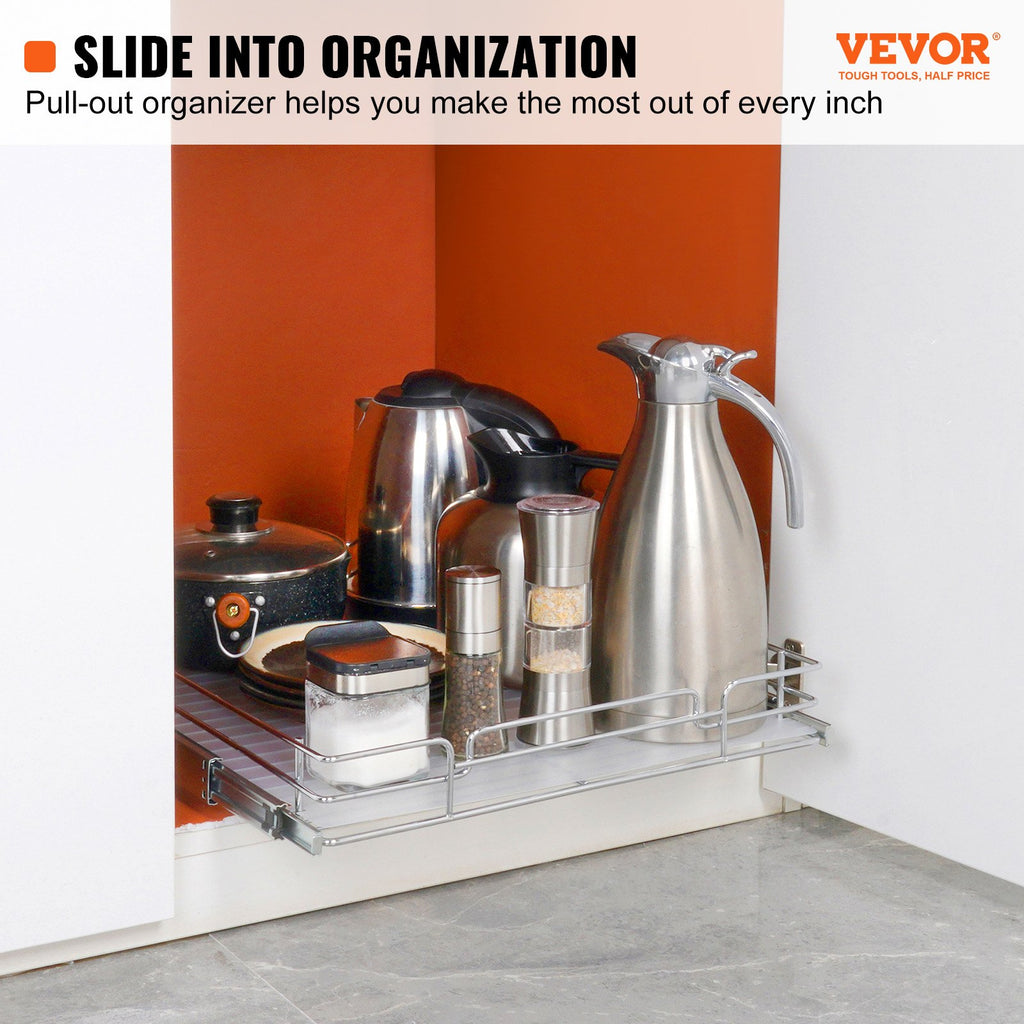 VEVOR 18.5"Wx21"Dx3.5"H Pull Out Cabinet Organizer, Heavy Duty Slide Out Pantry Shelves, Steel Roll Out Drawers, Sliding Drawer Storage for Home Under Sink, 20"Wx22"Dx7"H Install Size for Cabinet