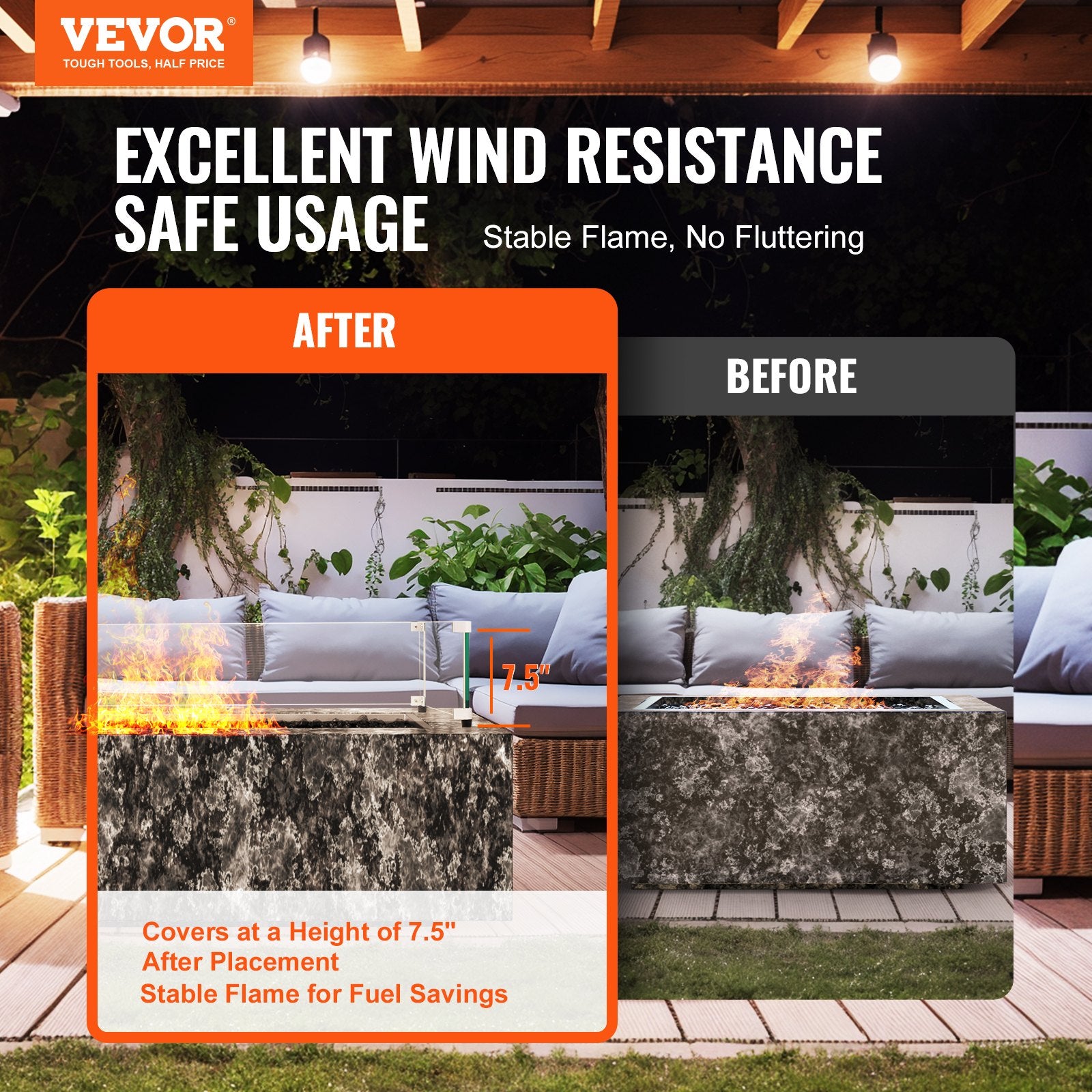 VEVOR Glass Wind Guard for Rectangular Fire Pit Table 924 x 417 x 191 mm, 8mm Thick and Sturdy Tempered Glass Panel with Hard Aluminum Corner Bracket & Rubber Feet, Easy to Assemble
