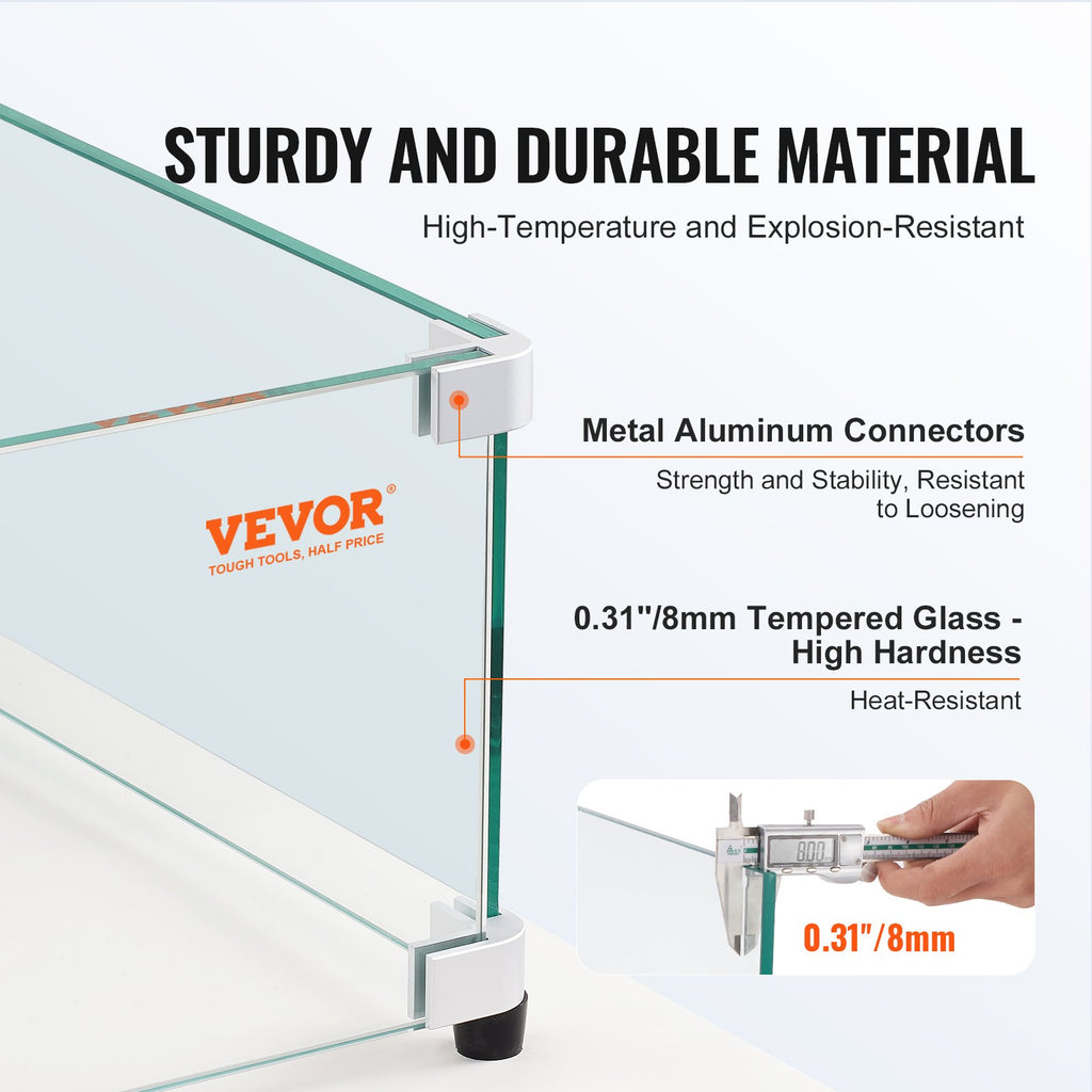 VEVOR Glass Wind Guard for Rectangular Fire Pit Table 924 x 417 x 191 mm, 8mm Thick and Sturdy Tempered Glass Panel with Hard Aluminum Corner Bracket & Rubber Feet, Easy to Assemble