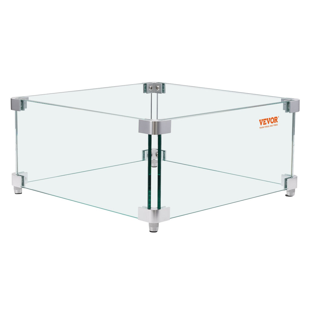 VEVOR Gas Fire Pit Wind Guard for Square Fire Table, 380 x 380 x 180 mm Clear Tempered Wind Guard for Firepits, 8mm Thick Square Glass Shield, Glass Panel with Hard Corner Bracket & Feet