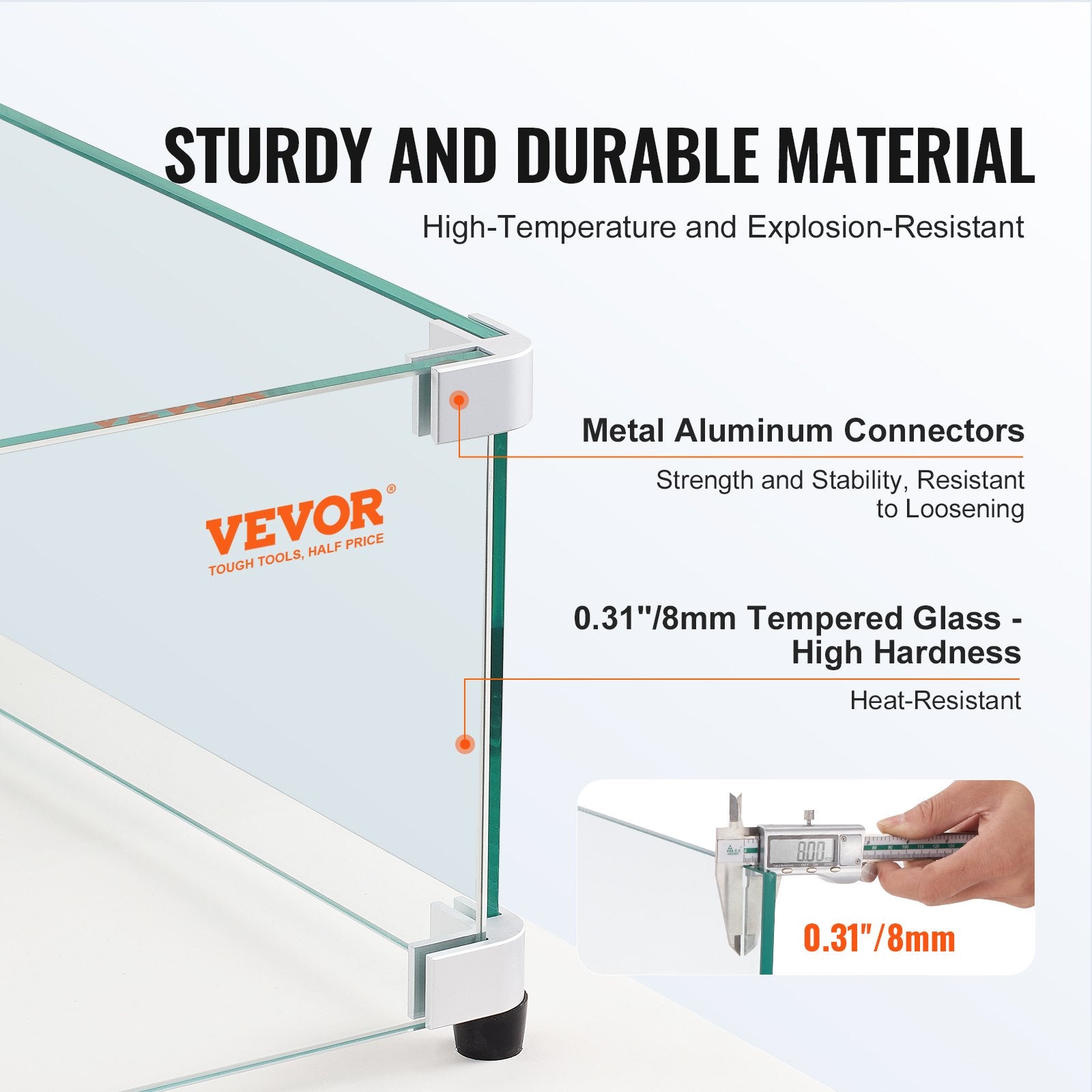 VEVOR Gas Fire Pit Wind Guard for Square Fire Table, 543 x 543 x 191 mm Clear Tempered Wind Guard for Firepits, 8mm Thick Square Glass Shield, Glass Panel with Hard Corner Bracket & Feet