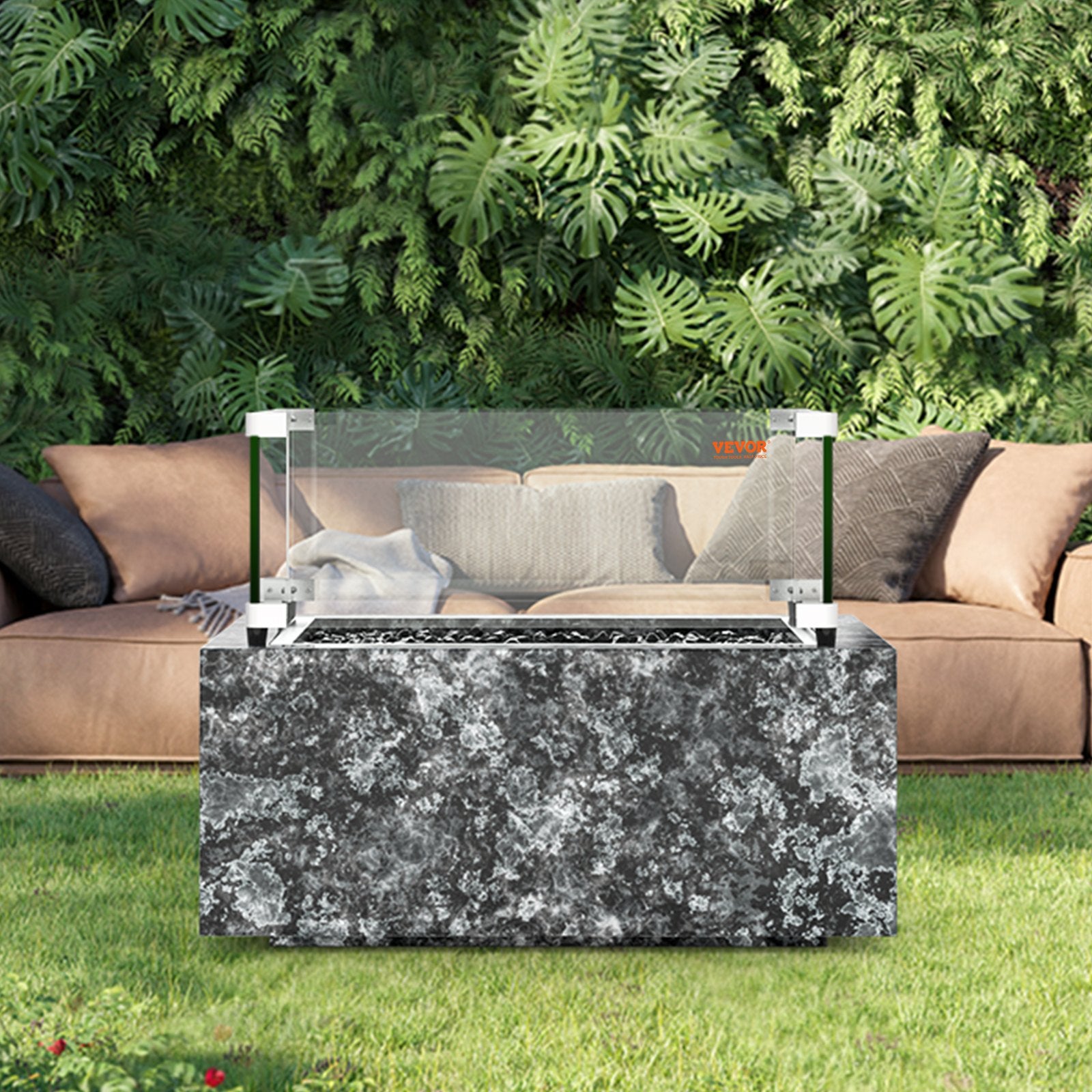 VEVOR Gas Fire Pit Wind Guard for Square Fire Table, 543 x 543 x 191 mm Clear Tempered Wind Guard for Firepits, 8mm Thick Square Glass Shield, Glass Panel with Hard Corner Bracket & Feet