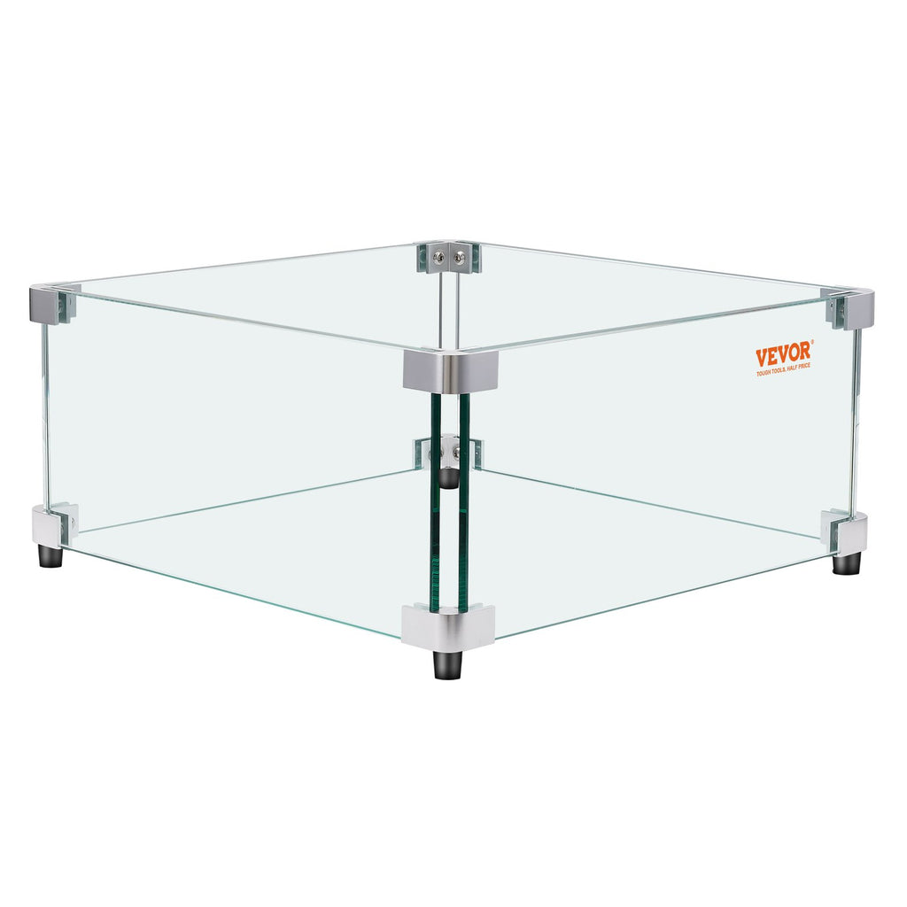 VEVOR Gas Fire Pit Wind Guard for Square Fire Table, 493 x 493 x 191 mm Clear Tempered Wind Guard for Firepits, 8mm Thick Square Glass Shield, Glass Panel with Hard Corner Bracket & Feet
