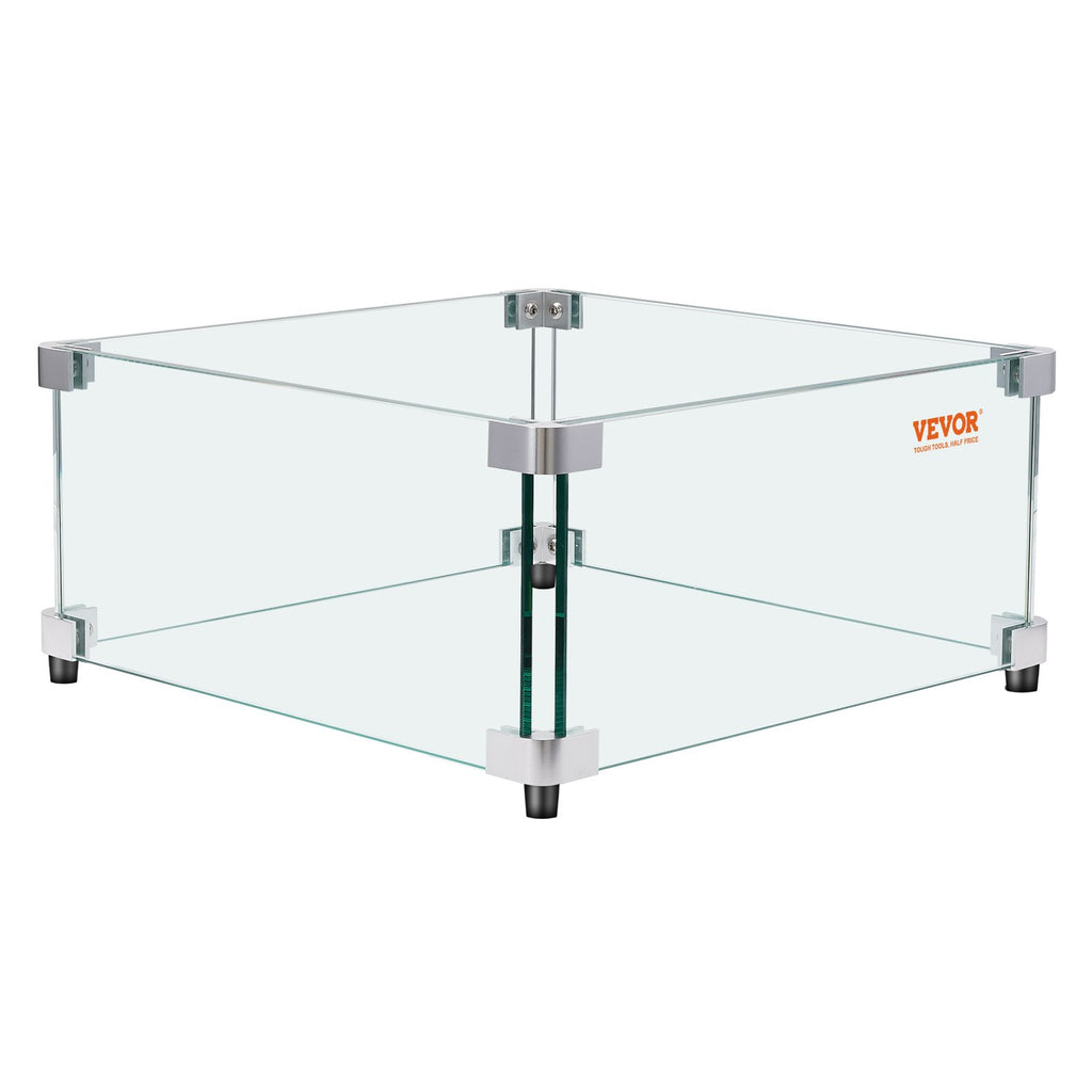 VEVOR Gas Fire Pit Wind Guard for Square Fire Table, 493 x 493 x 191 mm Clear Tempered Wind Guard for Firepits, 8mm Thick Square Glass Shield, Glass Panel with Hard Corner Bracket & Feet