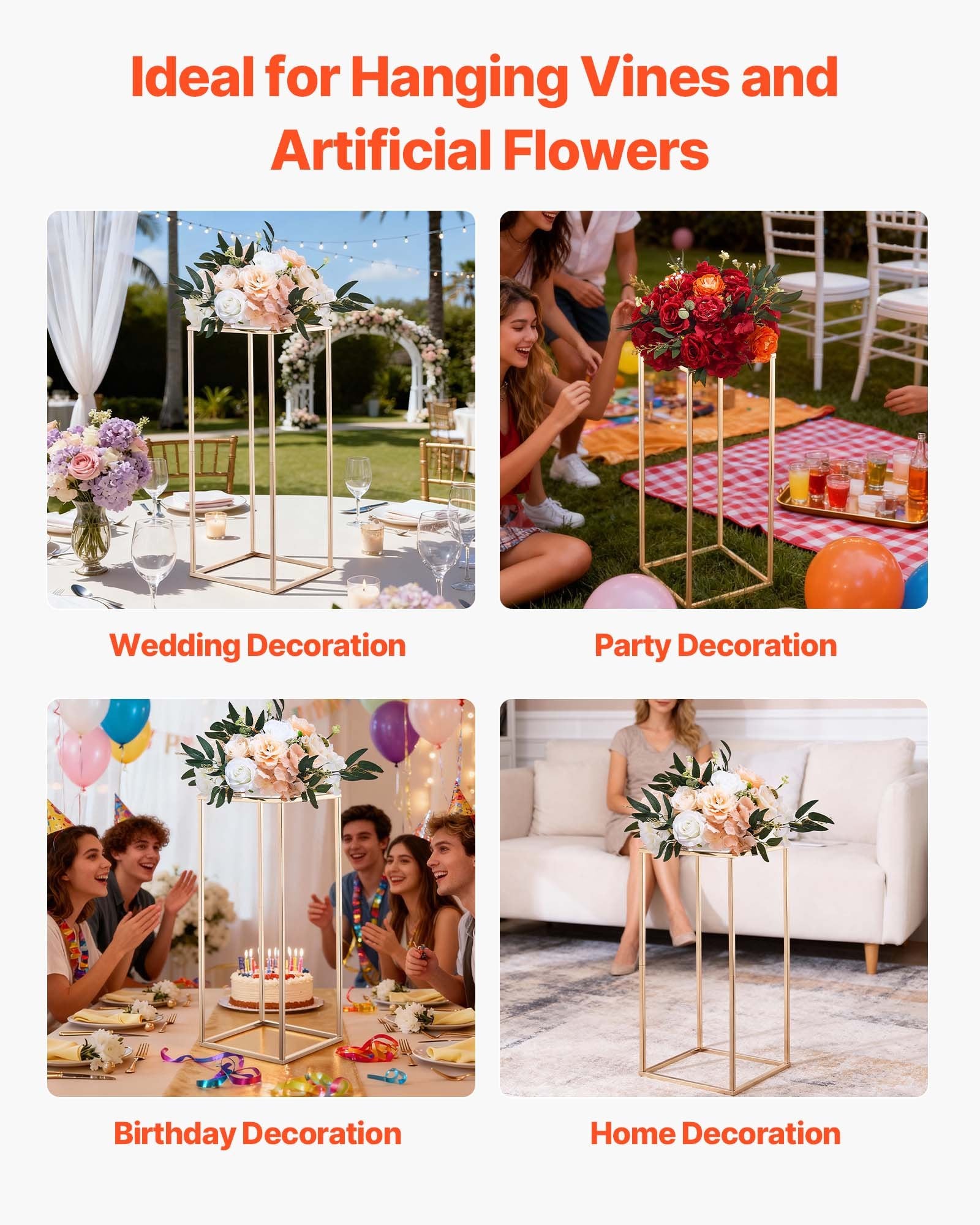 VEVOR Wedding Flower Stand, 10PCS 60cm Column Flower Stand, Floral Stands with Acrylic Laminate, Gold Rectangular Floral Display Rack for Wedding, Party, Birthday, Home,  Gold Centerpiece Stands
