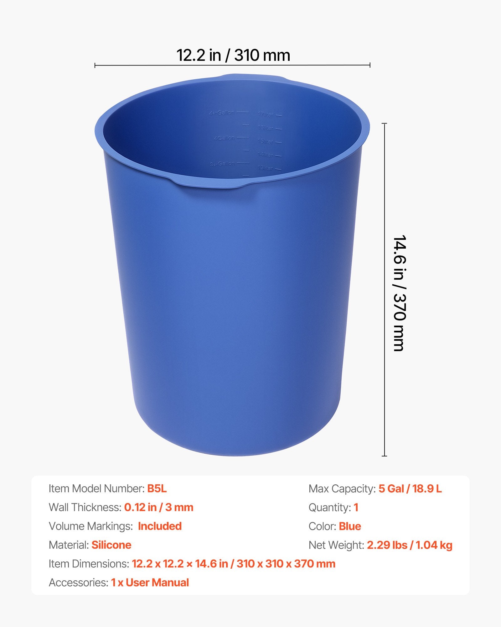 VEVOR 18.9L Bucket Liner for Concrete Mix, Reusable Silicone Mortar Bucket Liner for Thinset Paint Concrete Epoxy Mixing, Heavy-duty Grout Mixer Insert Tool with Graduated Measurements, Blue