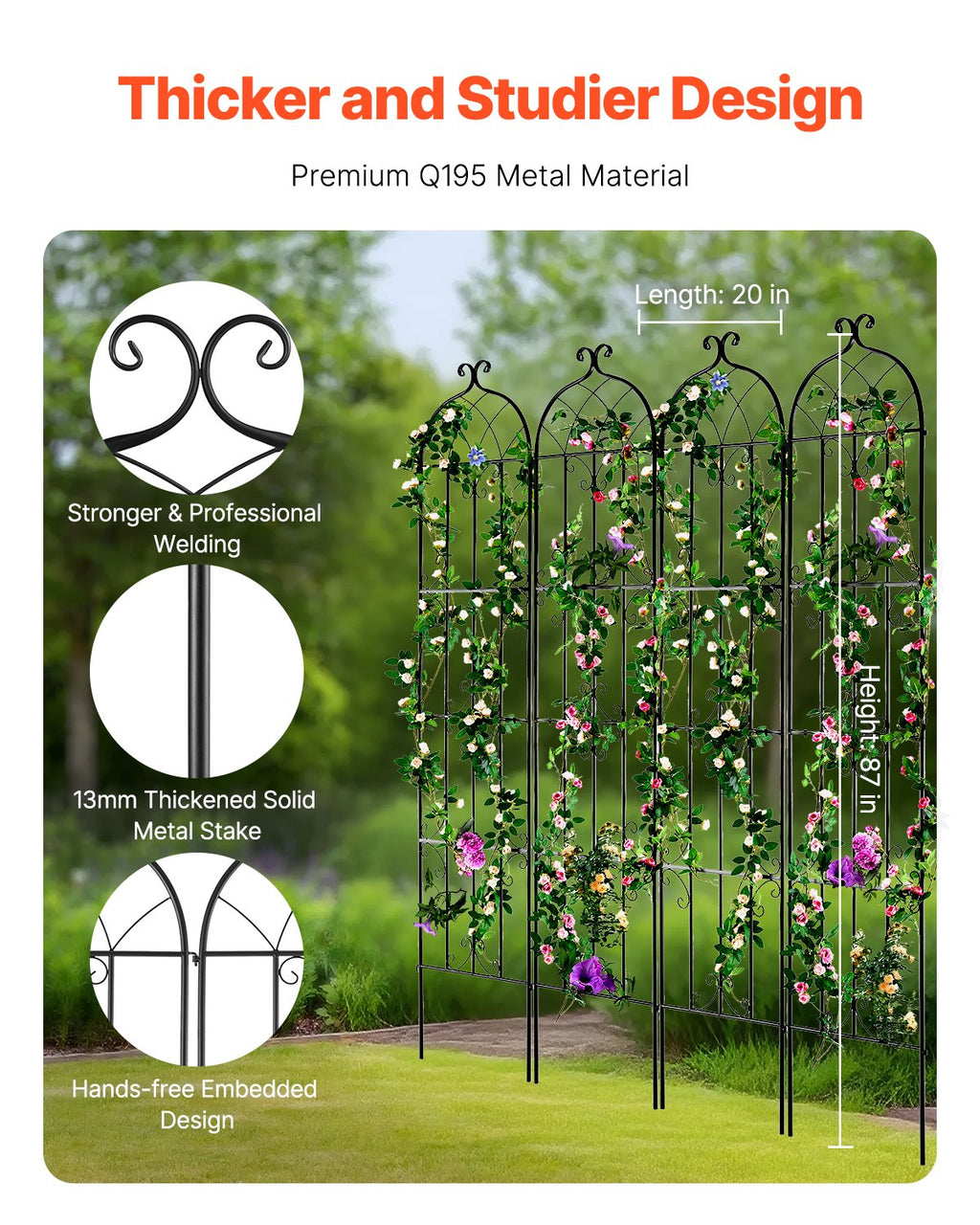 VEVOR Garden Trellis for Climbing Plants, 87 x 20 in, 4 Packs Rustproof Metal Garden Flower Trellis, Outdoor Climbing Rose Trellis Cucumbers Support, Decorative Clematis Trellis for Courtyards Lawns