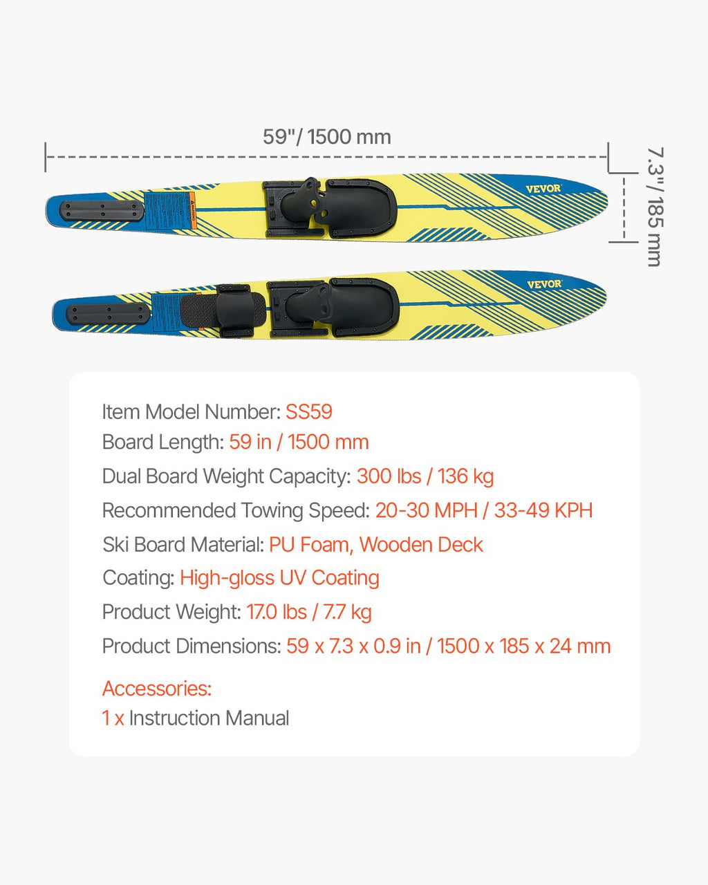 VEVOR 150 cm Water Skis Combo Adults Water Skis with X-7 Adjustable Bindings