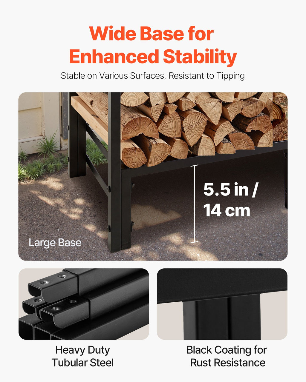 VEVOR Firewood Rack with Waterproof Cover, 1.22m Outdoor Firewood Holder, 1/4 Cord Storage Metal Log Holder, 400lb Max Weight Capacity, Top Covered, Powder-Coated Wood Storage Rack for Fireplace Deck