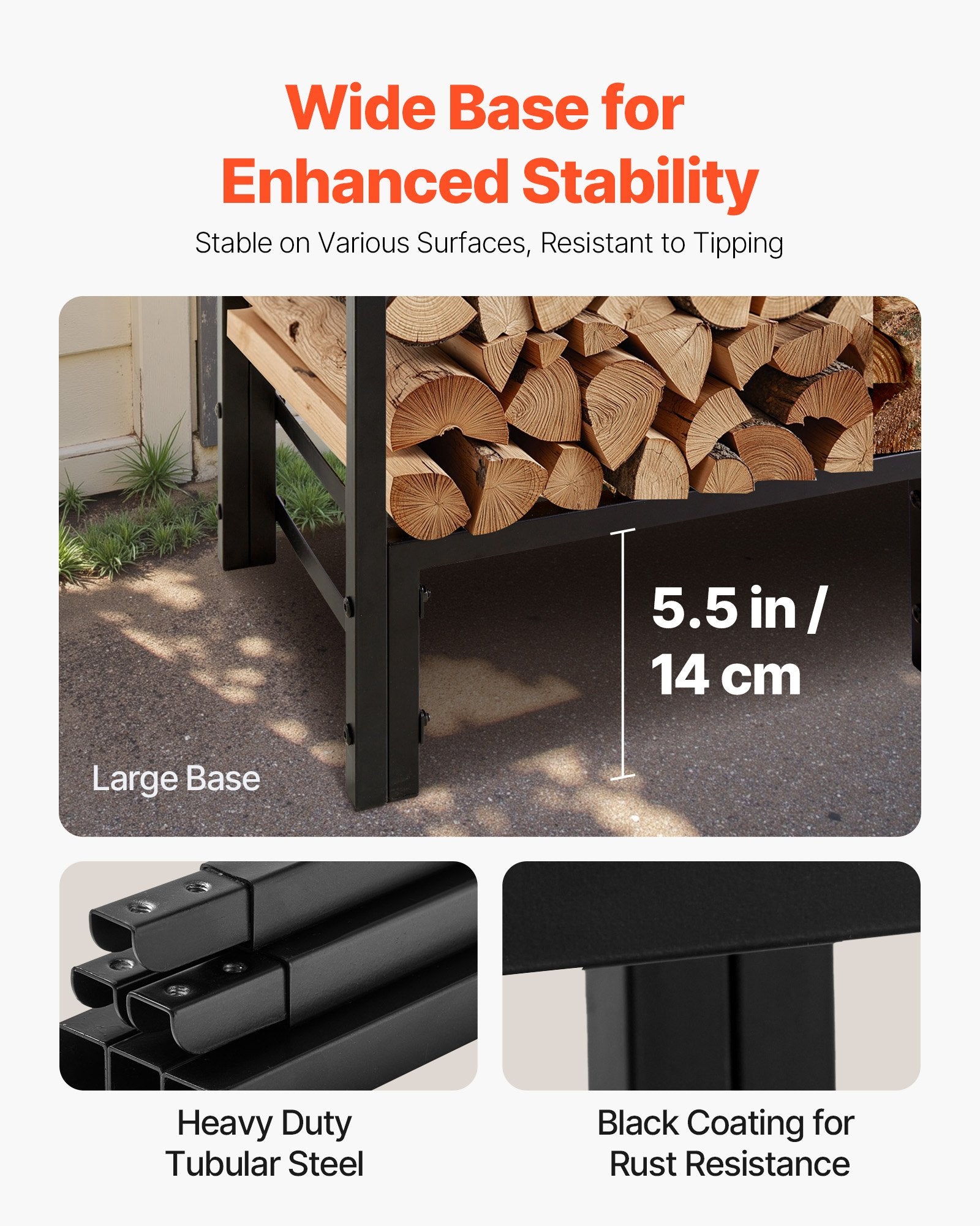 VEVOR Firewood Rack with Waterproof Cover, 1.22m Outdoor Firewood Holder, 1/4 Cord Storage Metal Log Holder, 400lb Max Weight Capacity, Top Covered, Powder-Coated Wood Storage Rack for Fireplace Deck