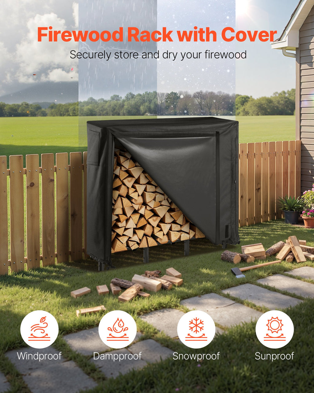 VEVOR Firewood Rack with Waterproof Cover, 1.22m Outdoor Firewood Holder, 1/4 Cord Storage Metal Log Holder, 400lb Max Weight Capacity, Full Covered, Powder-Coated Wood Storage Rack for Fireplace Deck