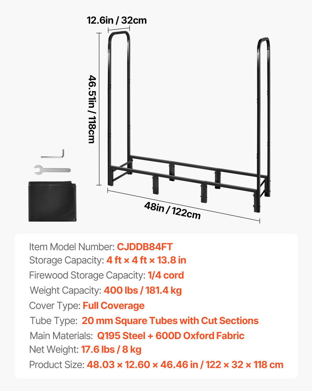 VEVOR Firewood Rack with Waterproof Cover, 1.22m Outdoor Firewood Holder, 1/4 Cord Storage Metal Log Holder, 400lb Max Weight Capacity, Full Covered, Powder-Coated Wood Storage Rack for Fireplace Deck