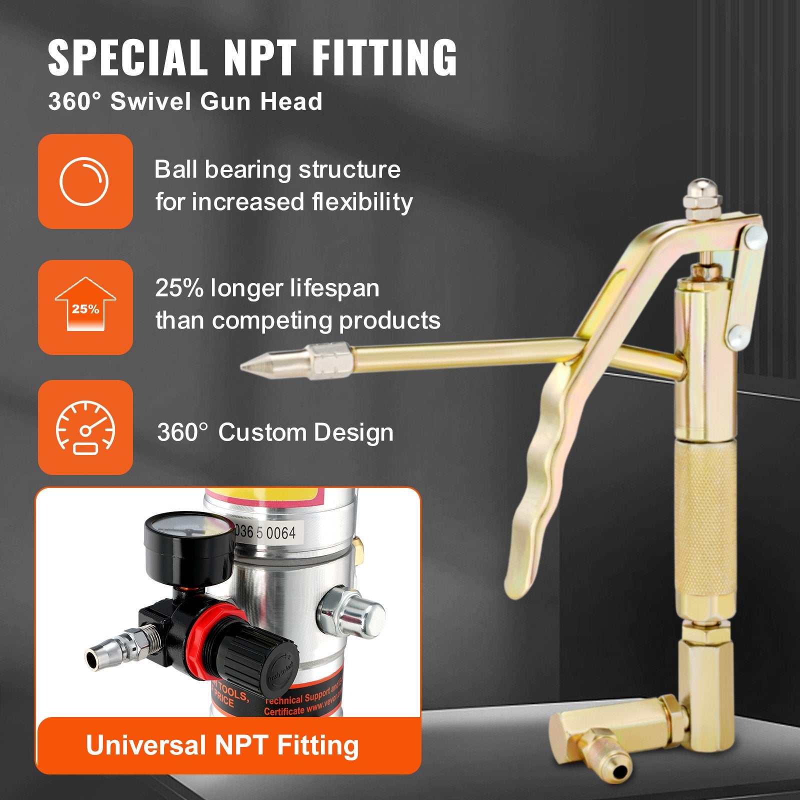 VEVOR Grease Pump, 50:1 Pressure Ratio Air Operated Grease Pump with 3.88 m High Pressure Hose and Grease Gun, Pneumatic Grease Pump, Portable Lubrication Grease Pump with 360° Swivel Grease Gun Head
