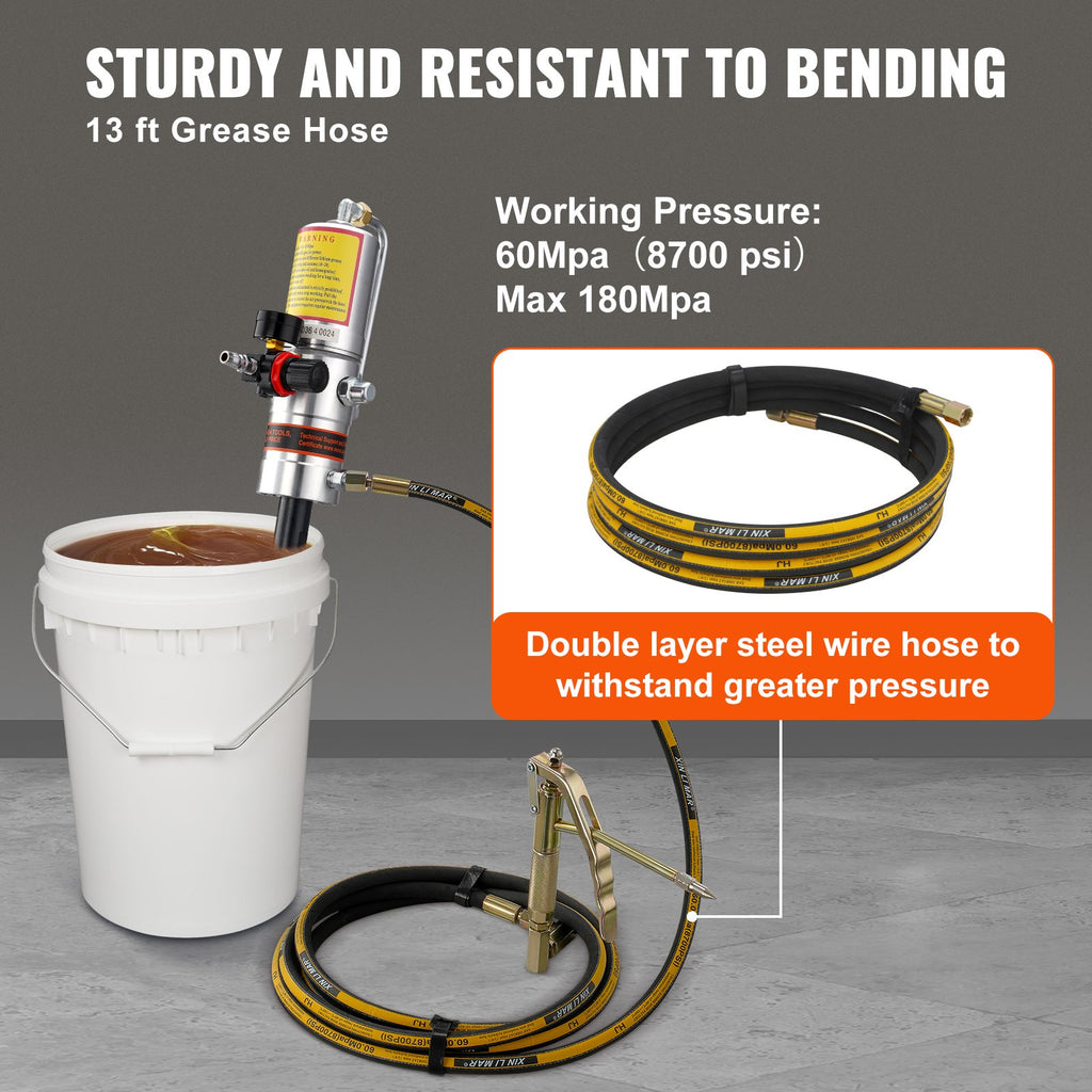 VEVOR Grease Pump, 50:1 Pressure Ratio Air Operated Grease Pump with 3.88 m High Pressure Hose and Grease Gun, Pneumatic Grease Pump, Portable Lubrication Grease Pump with 360° Swivel Grease Gun Head