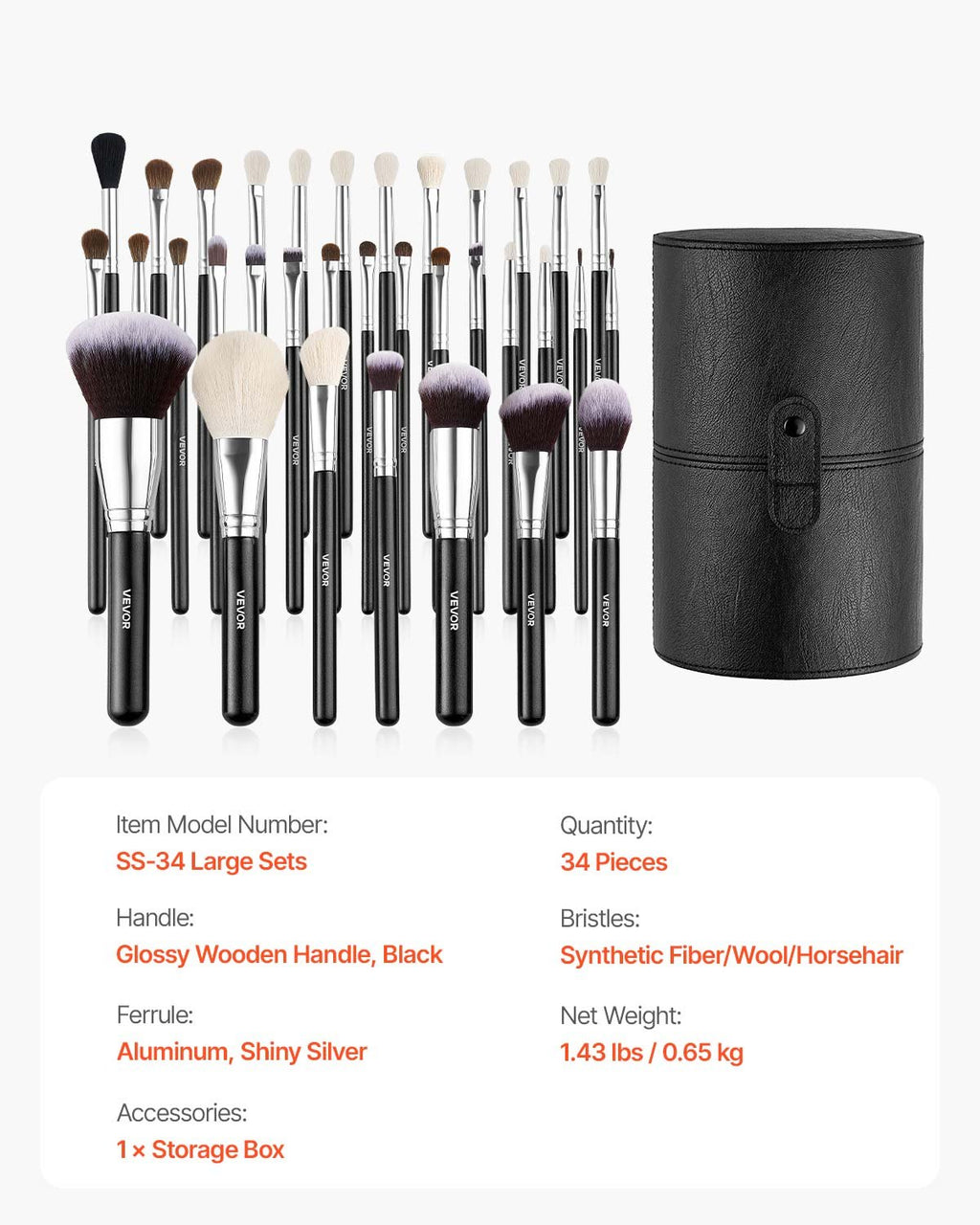VEVOR 34-Piece Makeup Brush Set, Professional Brushes Kit for Foundation Blending Eyeshadow Concealer Blush - with Soft Bristles, Ergonomic Wood Handle, Travel-Friendly Case Included