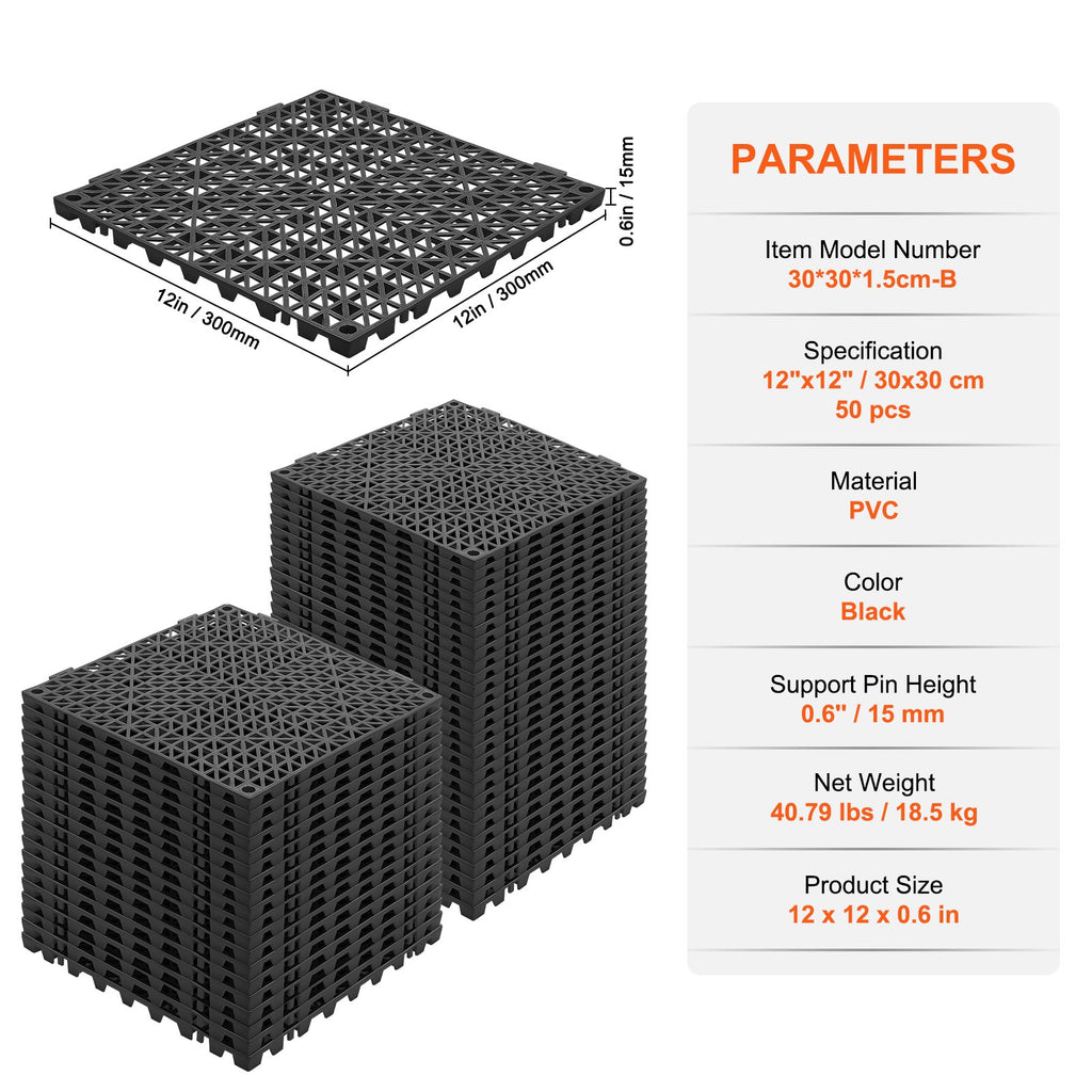 VEVOR Modular Interlocking Cushion, 50 Pack 30 x 30 cm Splicing Drainage Mats, PVC Interlocking Drainage Floor Tiles, Non-Slip Drainage Holes for Restroom, Bathroom, Kitchen, Pool, Wet Area, Black