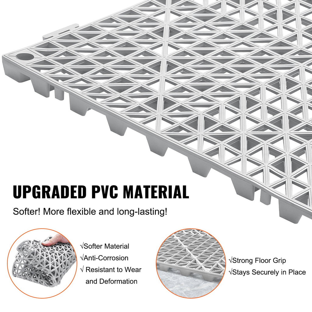 VEVOR Modular Interlocking Cushion, 12 Pack 30 x 30 cm Splicing Drainage Mats, Soft PVC Interlocking Drainage Floor Tiles, Non-Slip Drainage Holes for Restroom, Bathroom, Kitchen, Pool, Wet Area, Gray