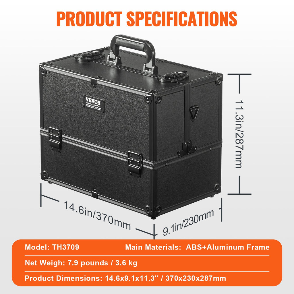 VEVOR Makeup Train Case 370MM Large Portable Cosmetic Case, 6 Tier Trays Professional Makeup Storage Organizer Box Make Up Carrier with Handle And Strap Travel Case for Women and Girls - Black