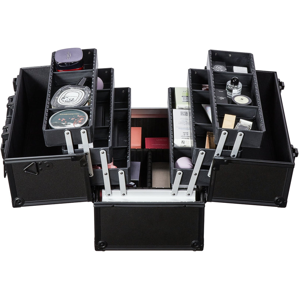 VEVOR Makeup Train Case 370MM Large Portable Cosmetic Case, 6 Tier Trays Professional Makeup Storage Organizer Box Make Up Carrier with Handle And Strap Travel Case for Women and Girls - Black