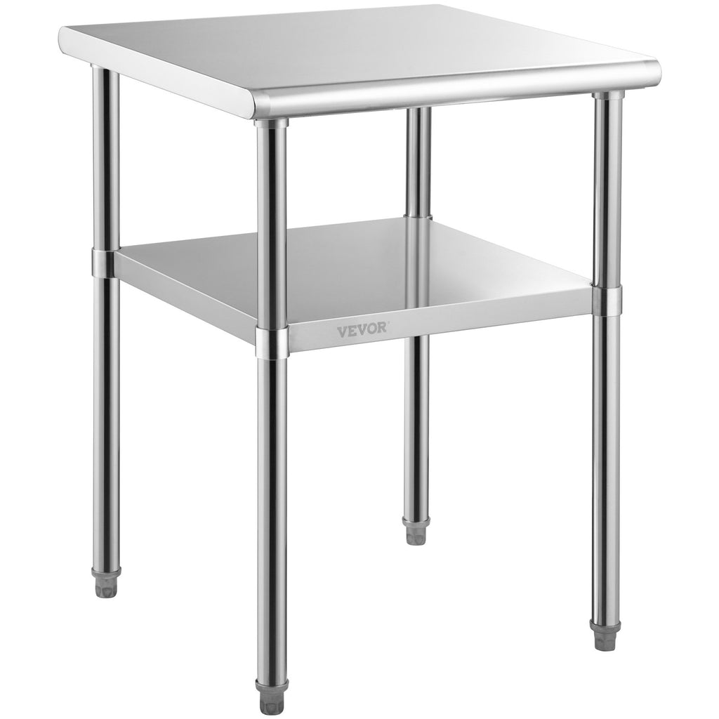 VEVOR Stainless Steel Prep Table, 61 x 61 x 91.4 cm, 600lbs Load Capacity Heavy Duty Metal Worktable with Adjustable Undershelf & Universal Wheels, Commercial Workstation for Kitchen Garage Backyard