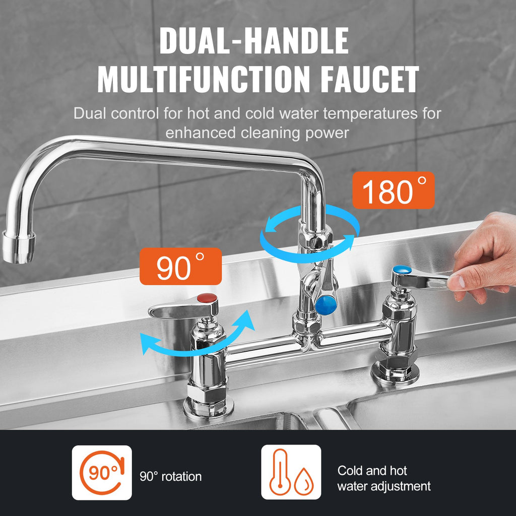VEVOR Commercial Faucet with Pre-Rinse Sprayer, 26" Height, 8" Center, 12" Swing Spout, Deck Mount Kitchen Sink Faucet, Brass Constructed Device with Pull Down Spray, for 1/2/3 Compartment Sink