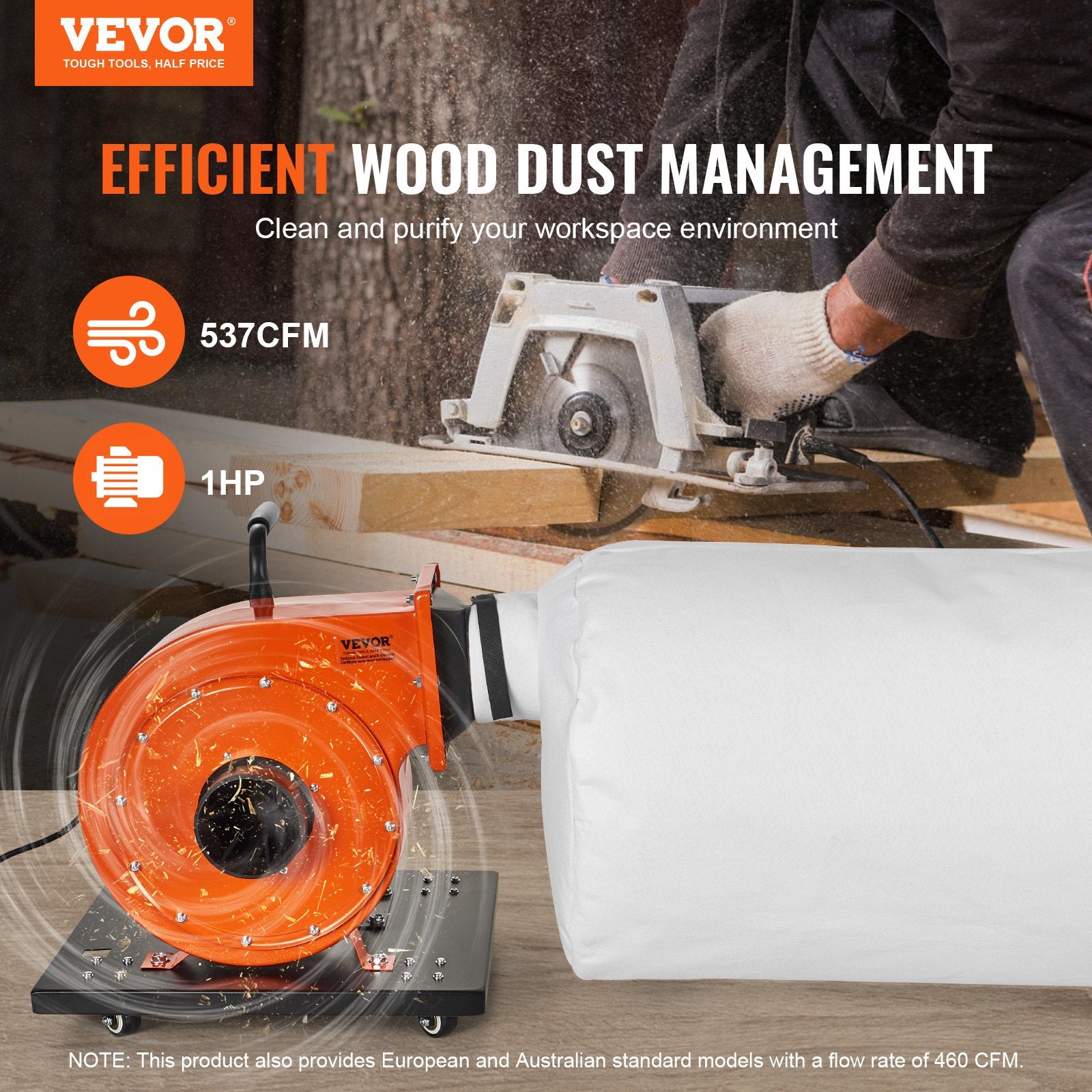 VEVOR Dust Collector, 1HP 460 CFM Air Flow, Rolling Dust Collector with 80L Large Dust Collection Bag, 2.5 Micron Bag Filtration, Industrial Workshop Mobile Wood Dust Container with Handle and Wheels