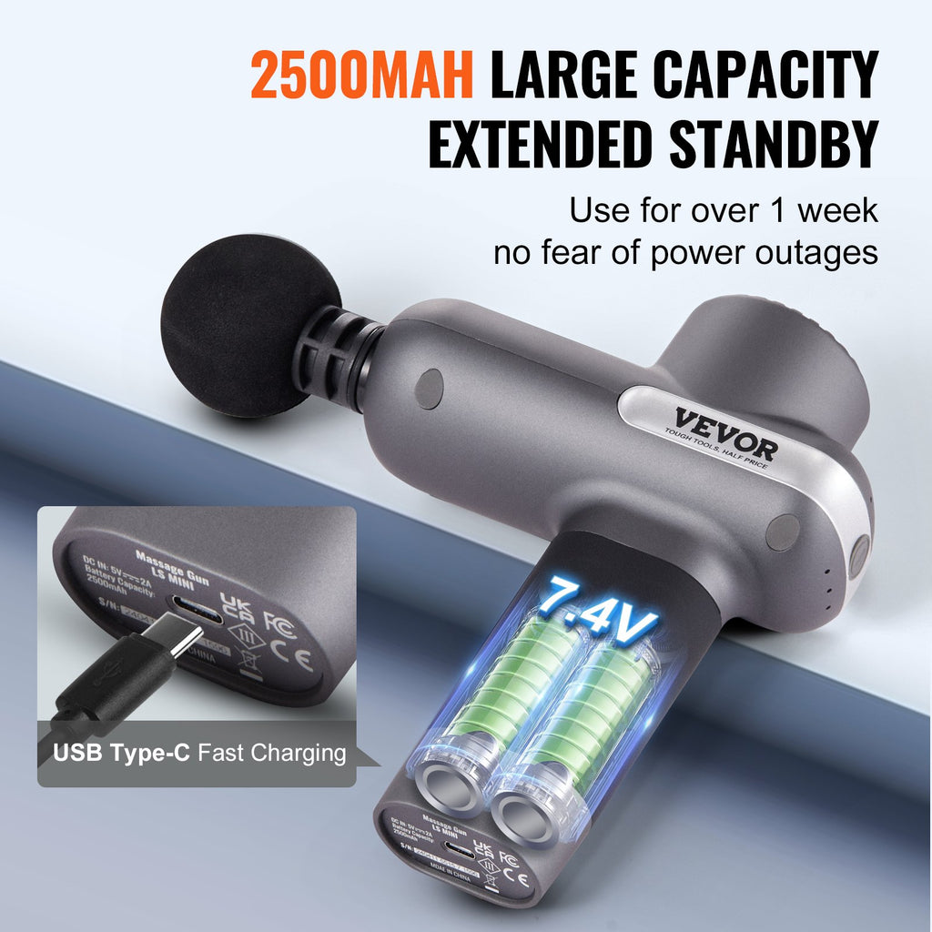 VEVOR Massage Gun Deep Tissue, Percussion Muscle Massager for Athletes - with 5 Speed Levels & 6 Massage Heads, 7.4V 2500mAh Batteries, Handheld Electric Massage Gun for Pain Relief, Muscle Relaxation