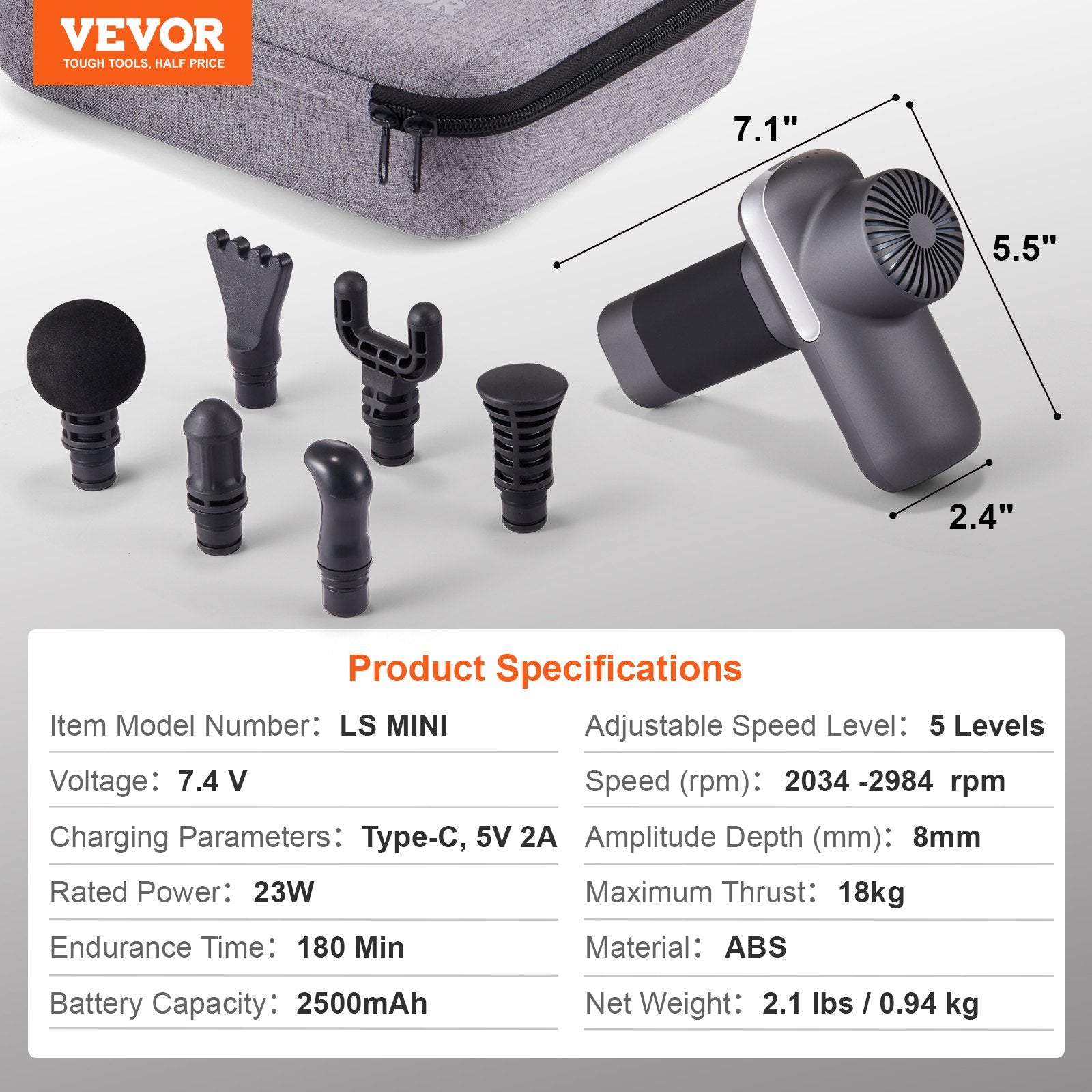 VEVOR Massage Gun Deep Tissue, Percussion Muscle Massager for Athletes - with 5 Speed Levels & 6 Massage Heads, 7.4V 2500mAh Batteries, Handheld Electric Massage Gun for Pain Relief, Muscle Relaxation