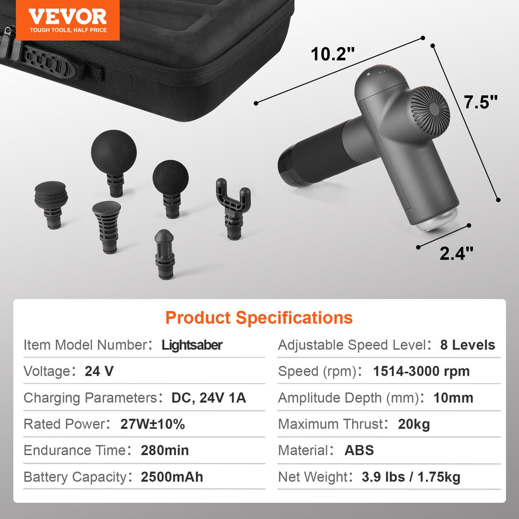 VEVOR Massage Gun Deep Tissue, Percussion Muscle Massager for Athletes - with 8 Speed Levels & 6 Massage Heads, 24V 2500mAh Batteries, Handheld Electric Massage Gun for Pain Relief, Muscle Relaxation