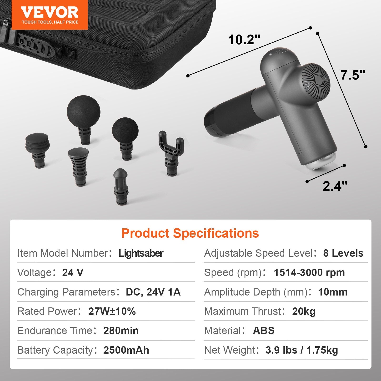 VEVOR Massage Gun Deep Tissue, Percussion Muscle Massager for Athletes - with 8 Speed Levels & 6 Massage Heads, 24V 2500mAh Batteries, Handheld Electric Massage Gun for Pain Relief, Muscle Relaxation