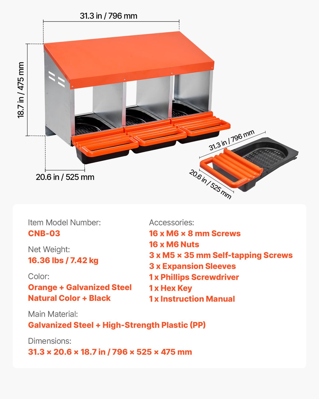 VEVOR Chicken Nest Box, 3-Compartment, 15 to 30 in Stable & Corrosion-Resistant Metal Nesting Boxes with Inclined Nesting Boxes, Bottom Holes & Resting Platform, Fit for Different Chicken Breeds