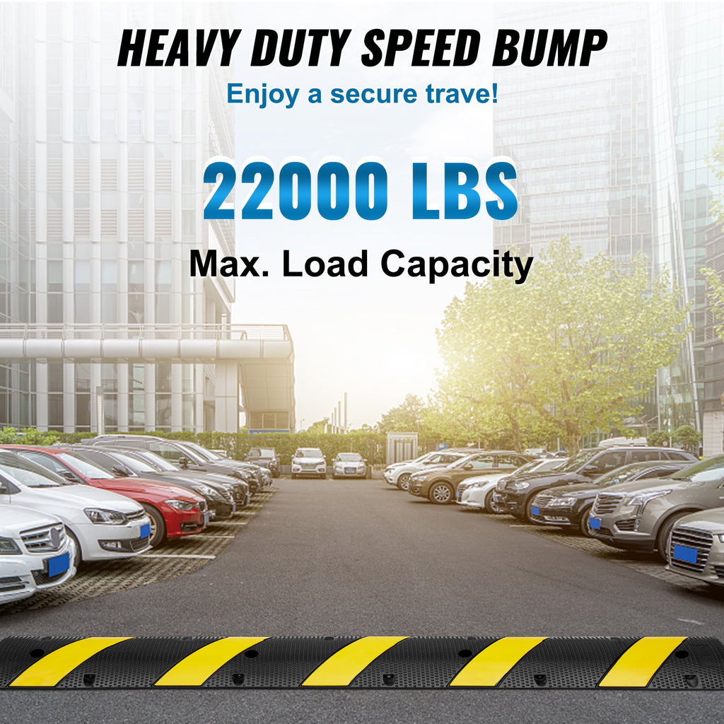 VEVOR 6 ft Rubber Speed Hump, 2 Channel, 10000 kg/axle Load Capacity Heavy Duty Traffic Speed Bump, with High Reflective Yellow Strip 4 Expansion Screws and 1 Drill, for Asphalt Concrete Gravel Roads