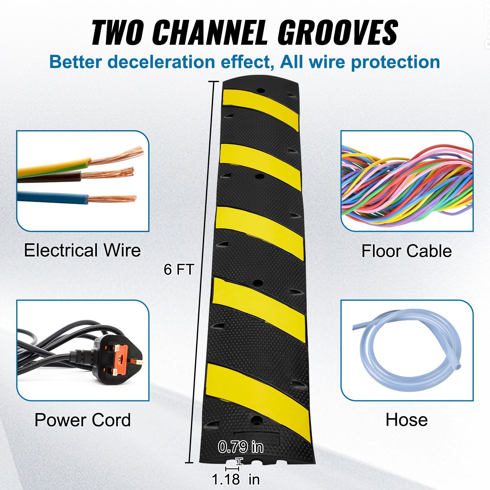 VEVOR 6 ft Rubber Speed Hump, 2 Channel, 10000 kg/axle Load Capacity Heavy Duty Traffic Speed Bump, with High Reflective Yellow Strip 4 Expansion Screws and 1 Drill, for Asphalt Concrete Gravel Roads
