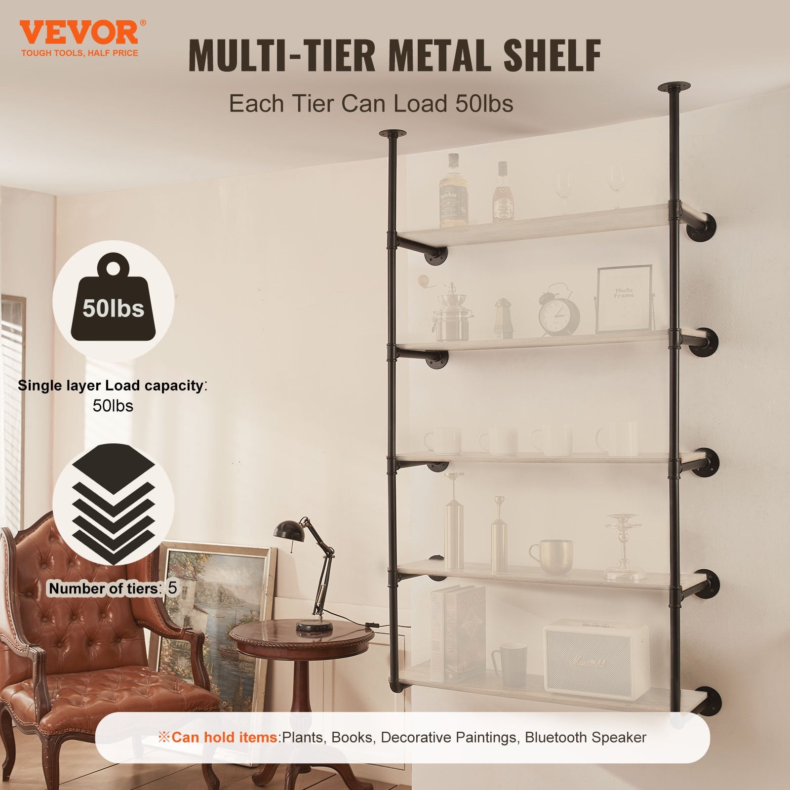 VEVOR Industrial Pipe Shelf, 5 Tier 2PCS, 9.84in Applicable Board Width Wall-Mount Floating Rustic Wood Shelves Bracket Bookshelf,Storage Holder for Kitchen Bedroom Bathroom, (Planks NOT Included)