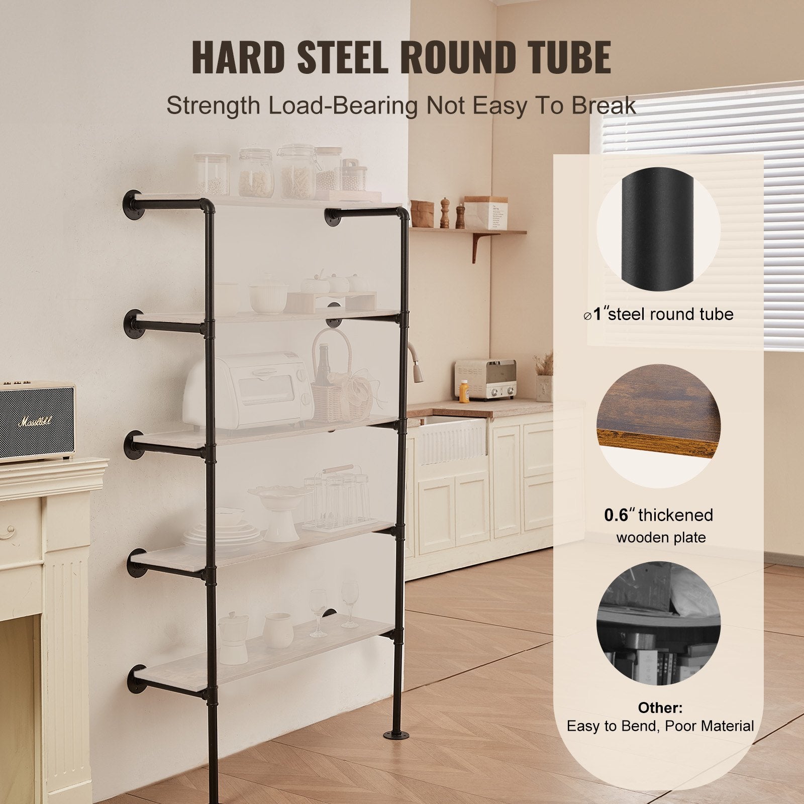VEVOR Industrial Pipe Shelf, 5 Tier 2PCS, 9.84in Applicable Board Width Wall-Mount Floating Rustic Wood Shelves Bracket Bookshelf,Storage Holder for Kitchen Bedroom Bathroom, (Planks NOT Included)