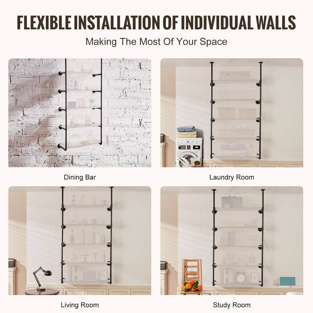 VEVOR Industrial Pipe Shelf, 5 Tier 2PCS, 9.84in Applicable Board Width Wall-Mount Floating Rustic Wood Shelves Bracket Bookshelf,Storage Holder for Kitchen Bedroom Bathroom, (Planks NOT Included)