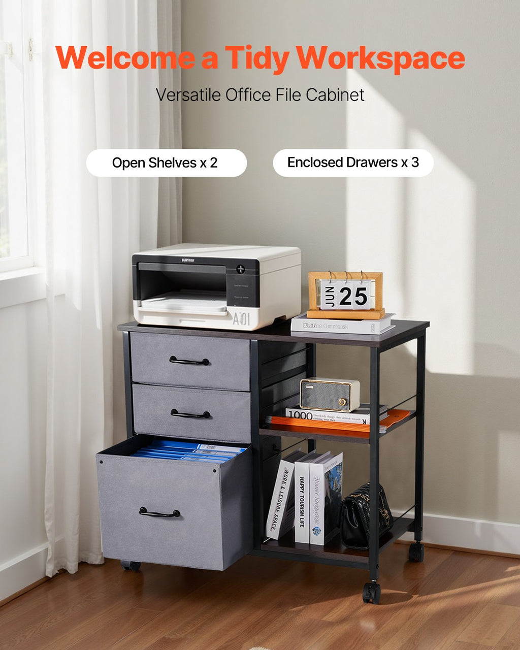 VEVOR Mobile Metal File Cabinet with 3 Fabric Drawers and 2 Open Shelves Brown