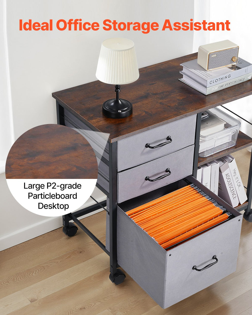 VEVOR Mobile Metal File Cabinet with 3 Fabric Drawers and 2 Open Shelves Brown