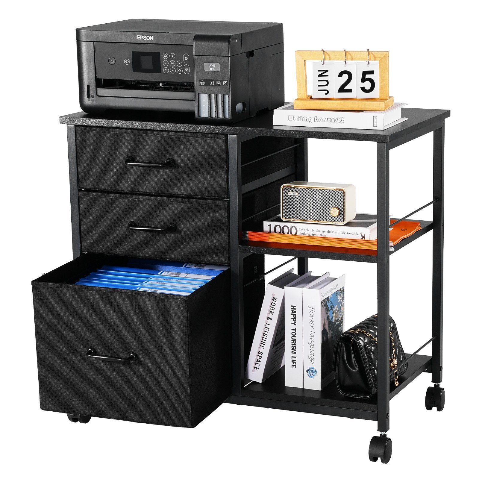 VEVOR Mobile Metal File Cabinet with 3 Fabric Drawers and 2 Open Shelves Black