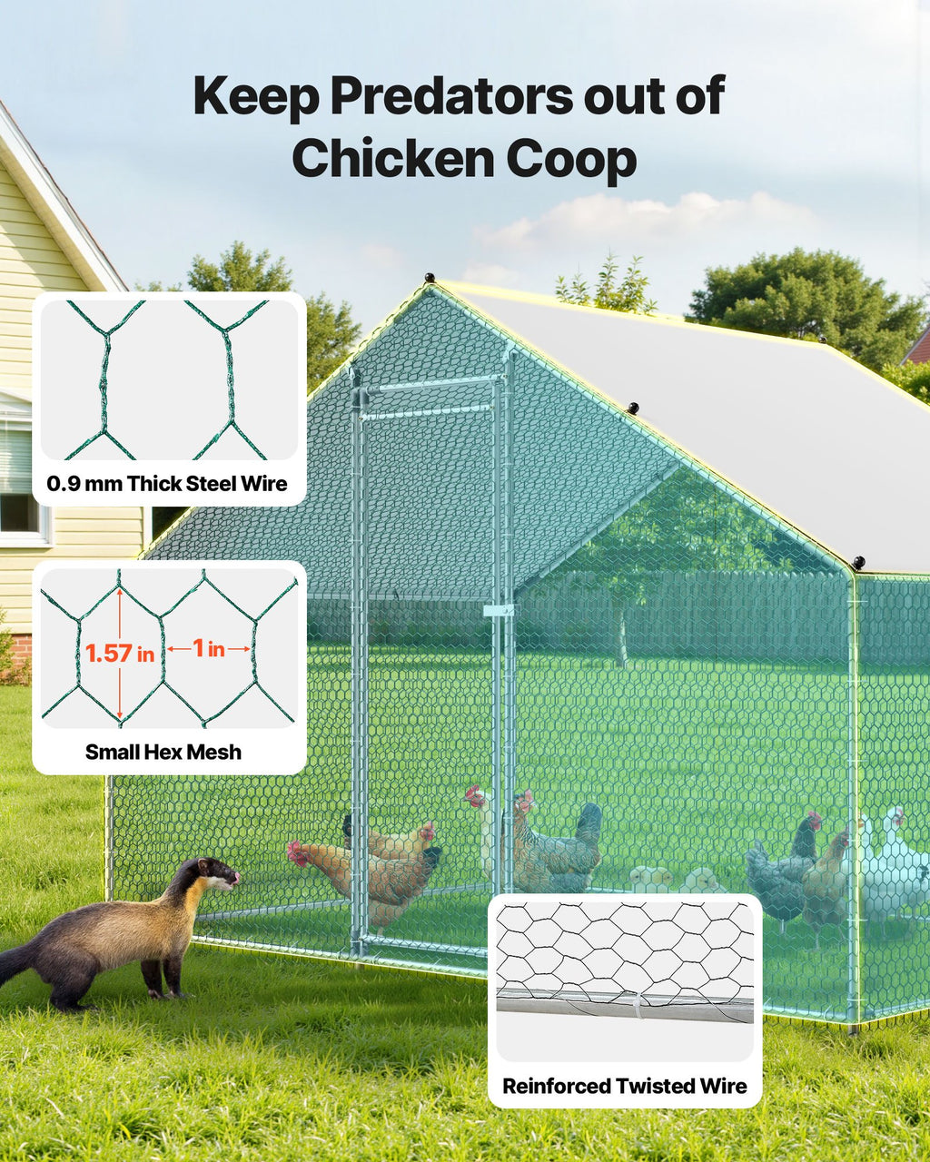 VEVOR Metal Chicken Coop, 9.8x6.5x6.5ft Large Walk-in Chicken Runs with Cover, Spire Roof Hen House Enclosure with Security Lock, Outdoor Duck Rabbit Cage Poultry Pen for Backyard, Farm, Yard