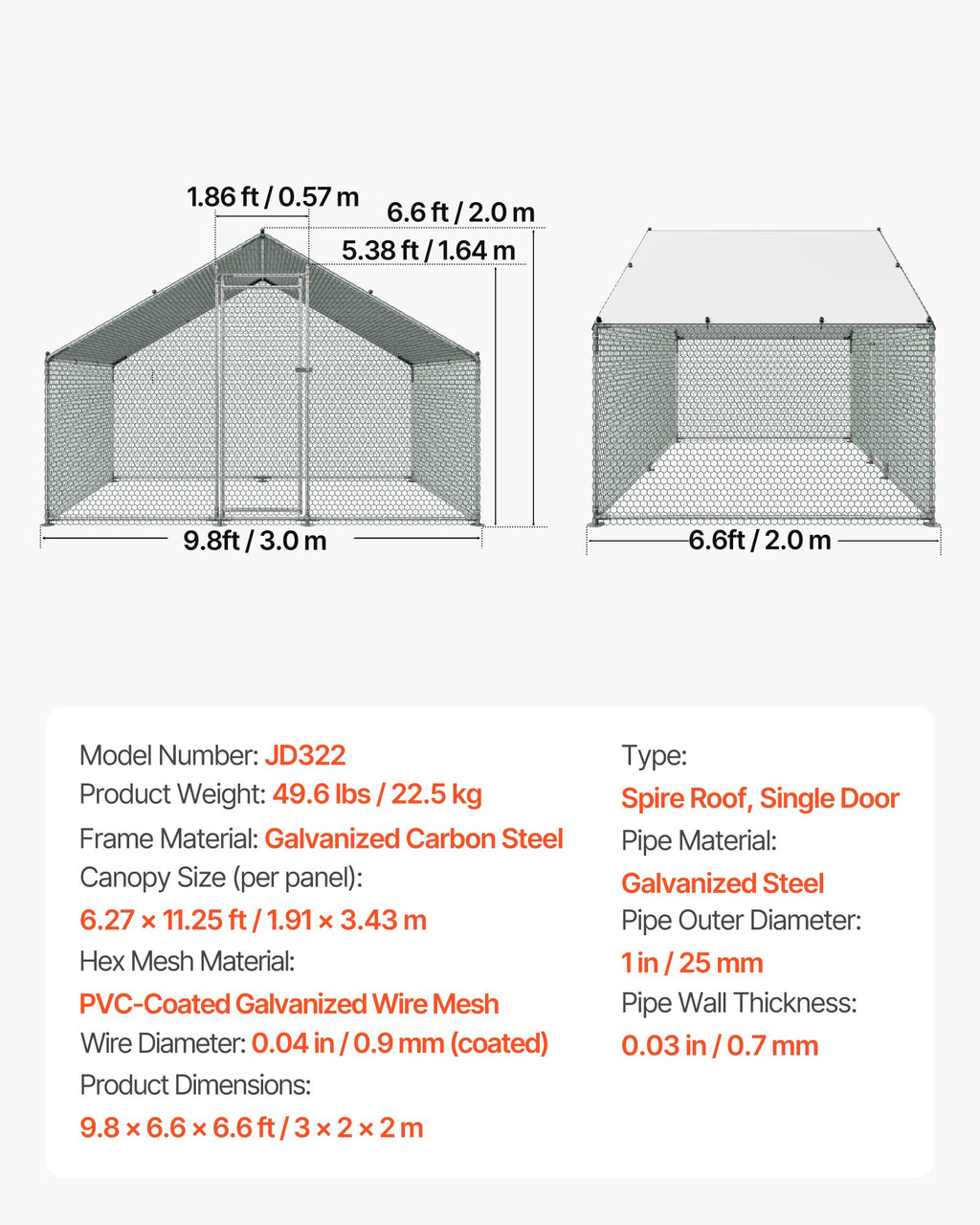 VEVOR Metal Chicken Coop, 9.8x6.5x6.5ft Large Walk-in Chicken Runs with Cover, Spire Roof Hen House Enclosure with Security Lock, Outdoor Duck Rabbit Cage Poultry Pen for Backyard, Farm, Yard