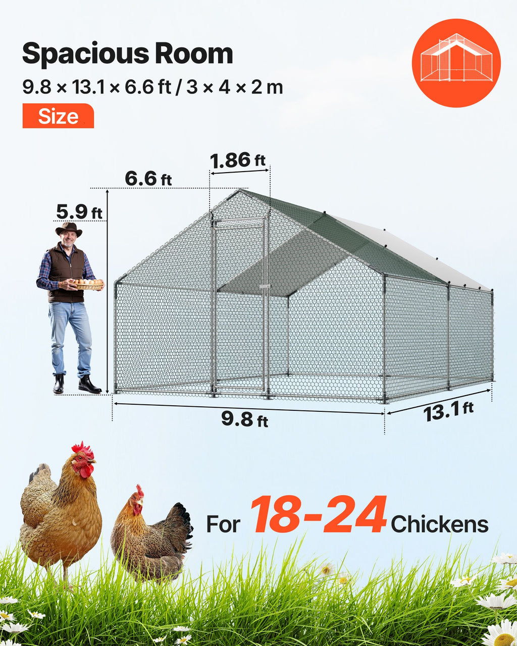 VEVOR Metal Chicken Coop, 9.8x13.1x6.5 ft Large Walk-in Chicken Runs with Cover, Spire Roof Hen House Enclosure with Security Lock, Outdoor Duck Rabbit Cage Poultry Pen for Backyard, Farm, Yard