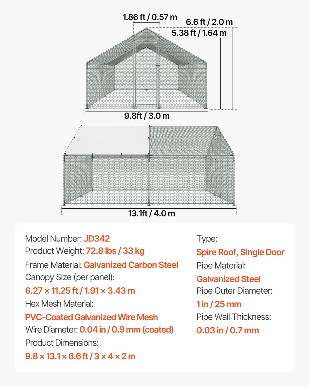 VEVOR Metal Chicken Coop, 9.8x13.1x6.5 ft Large Walk-in Chicken Runs with Cover, Spire Roof Hen House Enclosure with Security Lock, Outdoor Duck Rabbit Cage Poultry Pen for Backyard, Farm, Yard