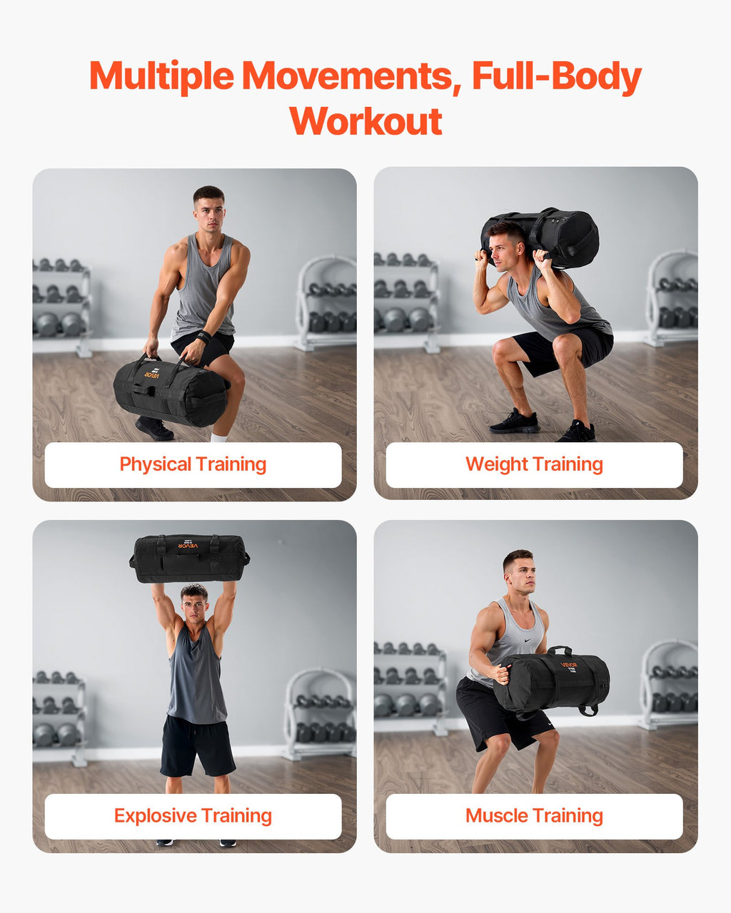 VEVOR Workout Sandbag, Heavy Duty Workout Power Bags with Handles, 11-34 kg Adjustable Slam Bag for Fitness Strength Weight Training Cross-Training, Home Gym Exercise, Black (Unfilled)