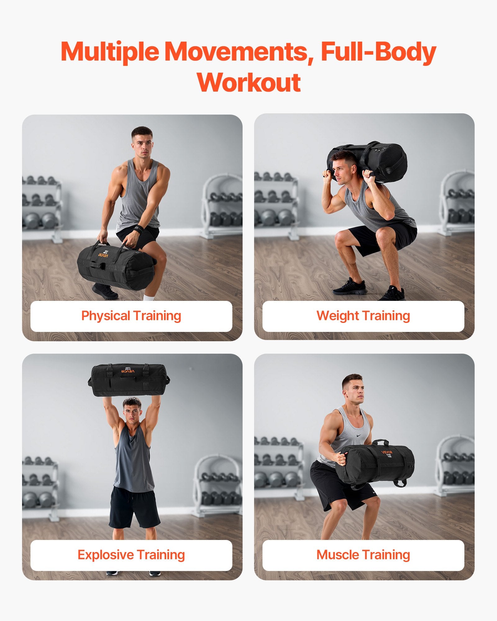 VEVOR Workout Sandbag, Heavy Duty Workout Power Bags with Handles, 11-34 kg Adjustable Slam Bag for Fitness Strength Weight Training Cross-Training, Home Gym Exercise, Black (Unfilled)