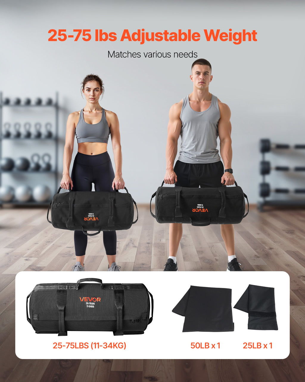 VEVOR Workout Sandbag, Heavy Duty Workout Power Bags with Handles, 11-34 kg Adjustable Slam Bag for Fitness Strength Weight Training Cross-Training, Home Gym Exercise, Black (Unfilled)